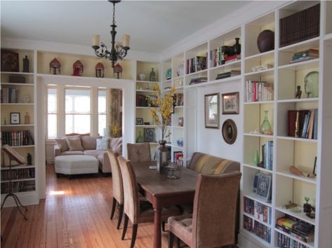 Dinning Room Library, Dining Room With Bookshelves, Bookshelves Dining Room, Library Dining Room Combo, Library Basement, Dining Room Library Combo, Multipurpose Dining Room, Dining Room Bookshelves, Dining Library