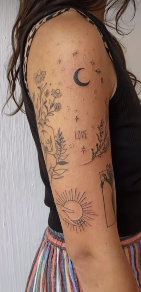 Arm Tattoos For Women Nature, Small Tattoos To Fill In Sleeve, Upper Arm Patchwork Tattoos For Women, Earthy Patchwork Sleeve Tattoo, Na Recovery Tattoos, Top Arm Tattoo Women Half Sleeves, Whimsical Patchwork Tattoos, Say Whatever You Feel Be Wherever You Are Tattoo, Earthy Tattoos Sleeve