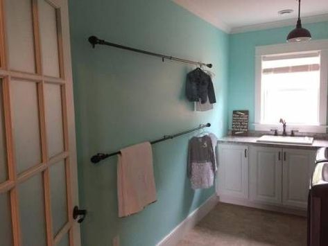 20 Ways You Never Thought of Using a Shower Rod Laundry Room Curtains, Laundry Storage Ideas, Laundry Room Drying Rack, Laundry Room Decorating, Laundry Room Storage Shelves, Small Laundry Room Organization, Room Storage Diy, Hang Clothes, Laundry Rack