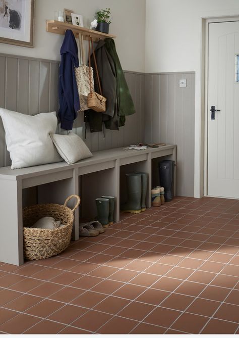 Red Tile Floor, Dreamy Cottage, Hearth Tiles, Utility Room Designs, Country Cottage Interiors, Barn Conversions, Silver Tile, Tiled Hallway, Quarry Tiles