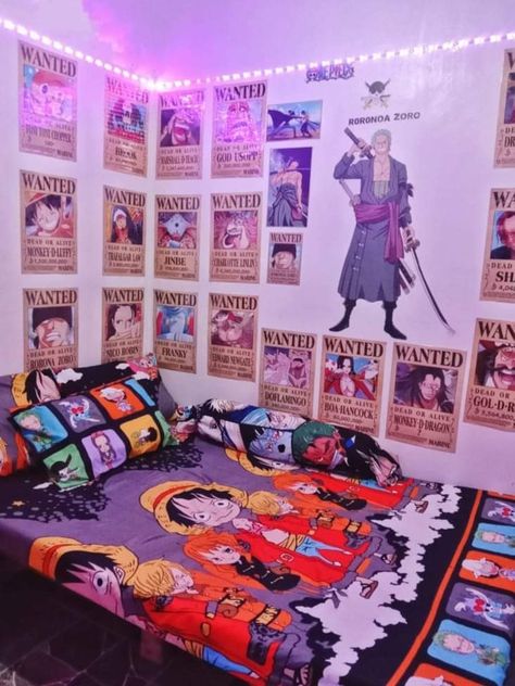 Tokyo Themed Bedroom, One Piece Home Decor, One Piece Room Ideas Anime, Anime Theme Room, Otaku Room Ideas Bedrooms, One Piece Bedroom, One Piece Room Decor, One Piece Decor, Anime Themed Room