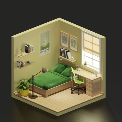 3D isometric room create by Blender , on ArtStation at https://www.artstation.com/artwork/1xgLQX #3d #3drender #3dblender #3drealisticroom #isometricroom #isometric #3dmodeling #modeling #rendering #digitalart #greenroom #cycles #cyclesrender Isometric Bedroom 3d, Isometric 3d Room, Isometric Room 3d, Blender Realistic, 3d Isometric Room, Blender Projects, Isometric Room, Room Minimal, Realistic Render