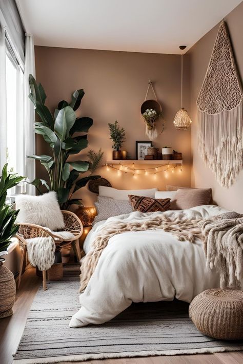 Bed In Corner Ideas, Bedroom With Bed In Corner, Boho Corner Decor, Classy Boho Bedroom, Corner Bed Design Bedrooms, Cozy Corner Bed, Cozy Corner Bedroom, Bed In Corner Of Room, Corner Bedroom Ideas