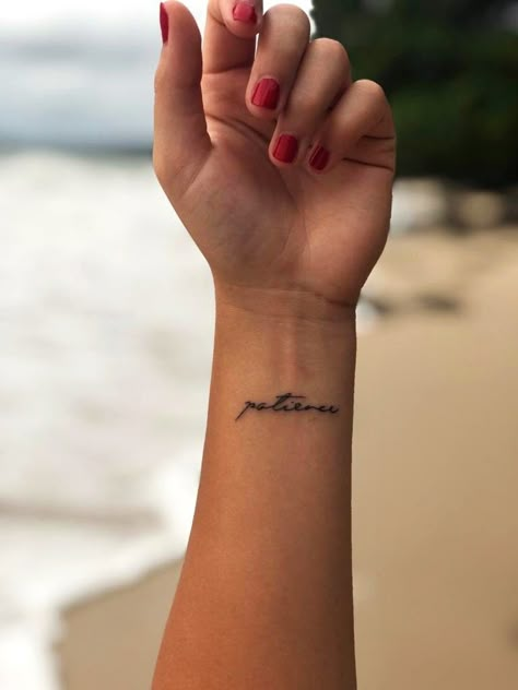 #patience #tattoo #wrist Patience Wrist Tattoo, Patience Tattoo On Hand, Woman’s Wrist Tattoo, One Word Wrist Tattoos, Under Wrist Tattoo, Wrist Tattoo Placement Ideas, Patience Hand Tattoo, Patience Symbol Tattoo, Wrist Text Tattoo