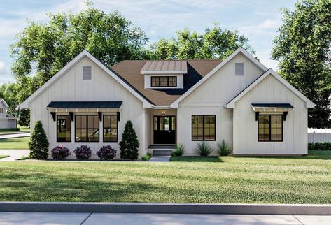 This one-story New American house plan makes great use of its efficient space while give you three bedrooms and an open floor plan.  As you walk through the entryway, you will see a large great room with a soaring cathedral ceiling. The great room is warmed by a fireplace and gets great natural light with windows to the back yard. The dining room flows into a beautiful u shaped kitchen with a large prep island and a walk-in pantry.  On the right Mudroom With Lockers, Practical Mudroom, Empire House, Advanced House Plans, Large Great Room, American House Plans, Pool House Plans, U Shaped Kitchen, American Houses