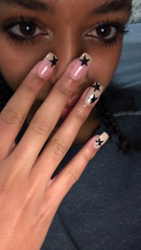 Blue Acrylic Nails With Stars, Dark Nail Inspo Short, Square Acrylic Nails Stars, Square Nails Stars, Basic Nails Square, Star Square Nails, Square Nails With Stars, Square Star Nails, Nail Ideas Y2k Short