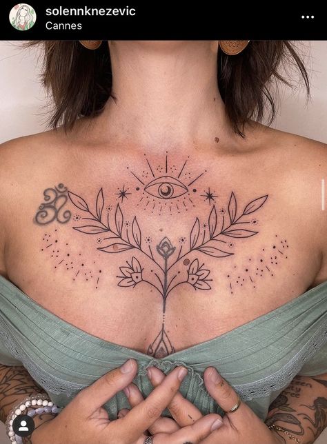 Celtic Chest Tattoo Female, Celtic Chest Tattoo, Chest Tattoo Female, Tattoo Chest, Bone Tattoo, Tattoo Female, Traditional Flower, Flower Collar, Chest Tattoos