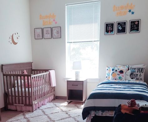 Kid’s Shared Room Idea.  baby girl and toddler boy edition….. cohesion of sky/ outer space theme 🚀��🌙⭐️ Toddler Room For Boy And Girl, Boy Girl Shared Bedroom Ideas Toddler And Baby, Toddler Boy Girl Shared Room Ideas, Baby Boy And Girl Shared Room, Nursery Toddler Shared Room, Boy And Girl Nursery Shared Room Ideas, Boy Girl Nursery Shared, Kids Room Ideas Shared Boy And Girl, Boy And Girl Toddler Shared Room