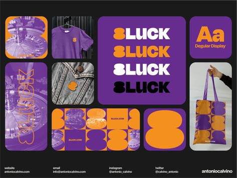 8Luck by Antonio Calvino Brand Elements, Orange Color Schemes, Juice Branding, Purple Logo, Orange Logo, Instagram Feed Inspiration, Purple And Orange, Visual Branding, Typographic Design