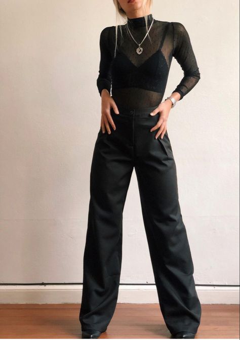 Black Sheer Blouse Outfit, Black Velvet Trousers Outfit, Black Leather Pants Outfit Night, Transparent Shirt Outfit, Velvet Trousers Outfit, Lace Undershirt Outfit, Sheer Blouse Outfit, Undershirt Outfit, Leather Pants Outfit Night