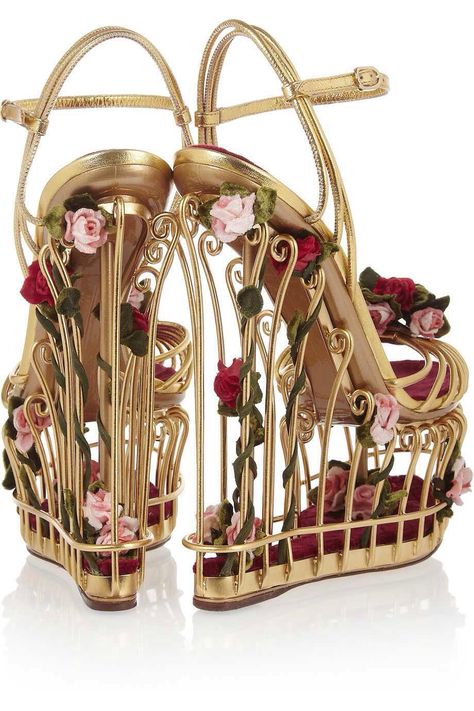 DOLCE & GABBANA Rose-embellished metallic leather cage sandals Cage Sandals, Dr Shoes, Caged Sandals, Leather Floral, Shoe Art, Crazy Shoes, Pretty Shoes, Fantasy Fashion, Metallic Leather