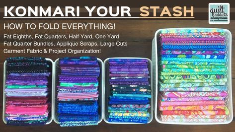 KonMari Your Stash! How to fold your entire stash … fat quarters, yards, garment fabric & more … Marie Kondo Folding, Fabric Stash Organization, Organization Techniques, Folding Tips, Fabric Organization, Folding Fabric, Quilt Room, Fabric Folding, Folding Techniques