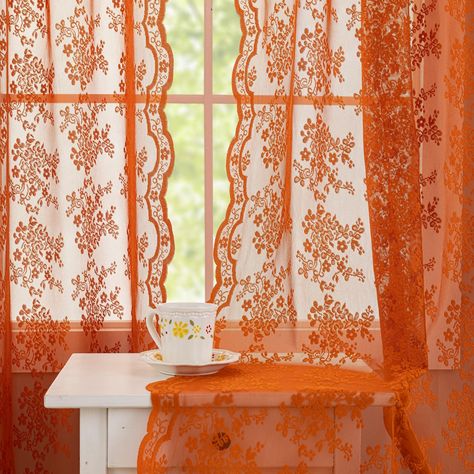 PRICES MAY VARY. Sold as pair,2 Panels lace burnt orange curtains 84 Inch Long included, each panel measuring 52"W x 84"L. Crafted from high-quality, durable soft lace fabric.Super easy to hang and slide. Rustic Romance: The boho Decor Window Curtain Set great to add color to your bedroom, living room, or dining room decor. Delicate tulle floral lace design makes it fit seamlessly into French Country, minimalist, or farmhouse styled home interiors. Functional & Decorative -These burnt orange she Winter Window Treatments, Burnt Orange Curtains, Fall Curtains, Lace Window Treatments, Farmhouse Boho Decor, Bay Window Curtains, Holiday Living Room, Orange Curtains, Small Window Curtains