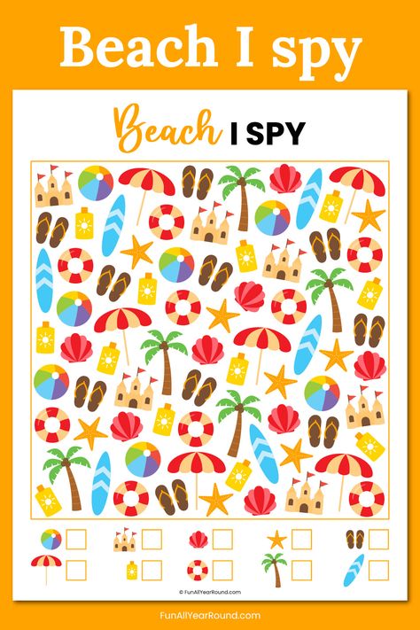 Beach I spy - Fun All Year Round Brownies Activities, Apple Alphabet, Boredom Busters For Kids, Summer Words, I Spy Games, Spy Games, Swimming Ring, Library Activities, Fun Summer Activities