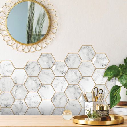 Room Mates 10.5" x 10.5" Vinyl Peel & Stick Mosaic Tile | Wayfair Honeycomb Tile Backsplash, Hexagon Backsplash Kitchen, Honeycomb Tiles, Traditional Backsplash, Roommates Decor, Room Mates, Easy Tile, Honeycomb Tile, Hexagon Backsplash