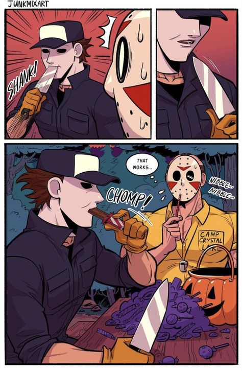 Camp Counselor Jason Comic, Michael Myers X Jason Voorhees Fanart, Jason Voorhees Camp Counselor, Jason Voorhees X Michael Myers, Jason X Michael, Michael Myers Comic, Jason X Michael Myers, Horror Movie Fanart, Camp Counselor Jason