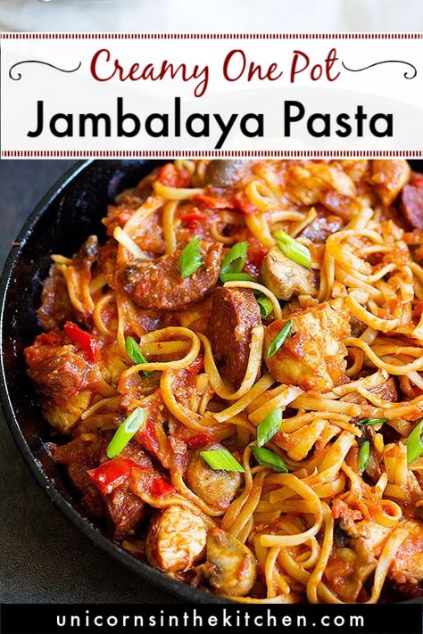 Enjoy the flavors of New Orleans with a delicious one pan jambalaya pasta recipe. You can add your favorite Cajun ingredients and proteins such as shrimp to this southern classic! #pasta #pastarecipe #jambalaya #jambalayapasta Jumbalaya Pasta, Creamy Jambalaya, Jambalaya Pasta Recipe, Creole Jambalaya, Jambalaya Pasta, Cajun Jambalaya, Jambalaya Recipe, Yummy Pasta Recipes, Healthy Pasta Recipes