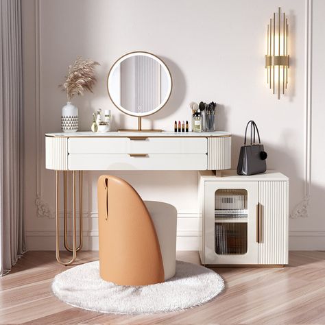 Everly Quinn Wilderstein Vanity | Wayfair Modern Makeup Vanity, Dressing Table With Drawers, Vanity Dressing Table, Modern Makeup, Rice White, Table With Drawers, Makeup Table Vanity, Bedroom Accent, Makeup Table