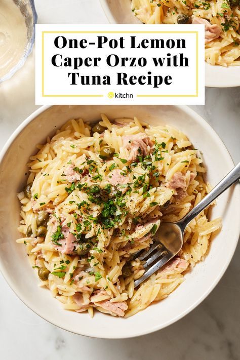 Canned Tuna Orzo, Tuna Fish Dinner Recipes, Tuna And Orzo Recipes, One Pot Fish Recipes, Tuna Orzo Salad, Tuna In Olive Oil Recipes, Meals With Capers, Tuna Risotto, Tuna Recipes For Dinner