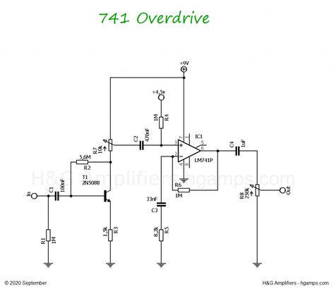 guitar overdrive schematic Guitar Amplifier Schematic, Guitar Pedal Boards, Diy Guitar Pedal, Pedal Boards, Music Mixing, Boutique Guitar, 9 Volt Battery, Diy Guitar, Electronic Circuit Projects