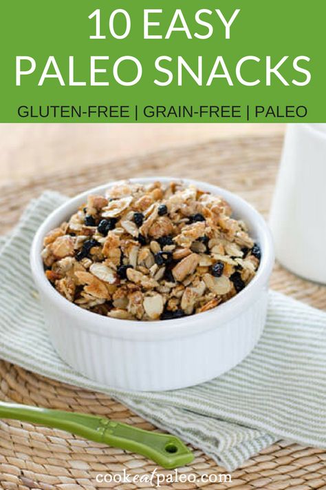 Whether you're looking to replace your unhealthy snack habit, or just need something to eat on the go or hold you over until dinner, these healthy paleo snack recipes will fit the bill. These take less than five minutes to make, or are easy to make ahead. These would even be great as a late night snack! -- #healthysnacks #paleosnacks #glutenfreesnacks #easysnacks #quicksnacks #paleorecipes #cookeatpaleo Best Granola Recipe, Paleo Snack Recipes, Grain Free Granola Recipe, Paleo Snacks Easy, Eat Beautiful, Paleo Snack, Paleo Granola, Best Granola, Paleo Protein