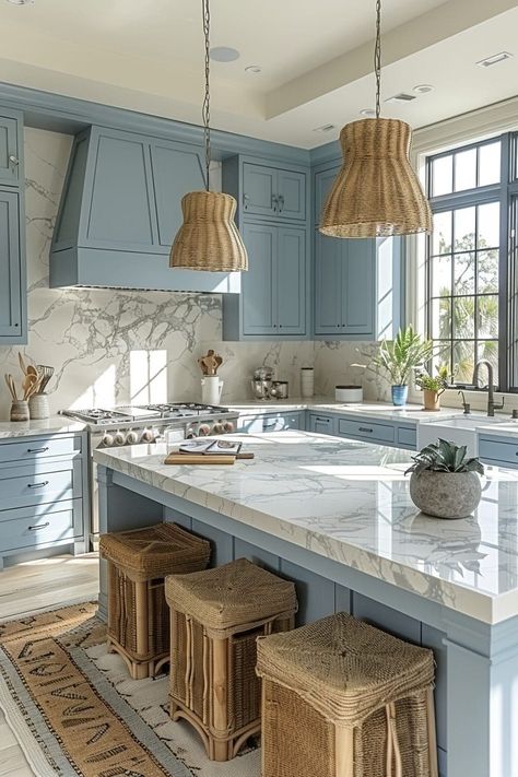 Coastal Boho Kitchen, Beachy Kitchens, Coastal Kitchen Ideas, Boho Kitchen Ideas, Coastal Kitchen Design, Coastal Kitchen Decor, Wooden Countertops, Beach Kitchens, Beach House Kitchens