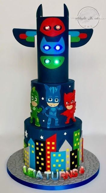 P J Masks Birthday Cake, Pj Mask Cake Ideas, Pj Mask Birthday Cake, Pjmasks Cake, Pj Mask Cake, Pj Masks Birthday Cake, Pj Masks Birthday Party, 2 Tier Cake, 4th Birthday Cakes