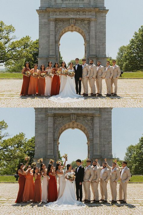 Bridesmaid and Groomsmen Pictures | Bridal Party Wedding Photos | PA Wedding Photographer | Rust, burnt orange, beige, and neutral wedding party inspiration. See more egyptian wedding bridesmaid, bridesmaid and groomsmen colors, mismatched bridesmaid colors, and elegant bridesmaid flowers. Book Katarina for your romantic wedding day in Pennsylvania at katarinacelinephotography.com Rust Colored Bridesmaid Dresses With Groomsmen, Burnt Orange Bridesmaid And Groomsmen, Burnt Orange And Neutral Wedding, Bridal Party Fall Colors, Mismatched Bridesmaids And Groomsmen, Groomsmen Bridesmaids Color Schemes, Copper Bridal Party, Bridesmaid And Groomsmen Colors Colour Palettes, Burnt Orange And Tan Wedding