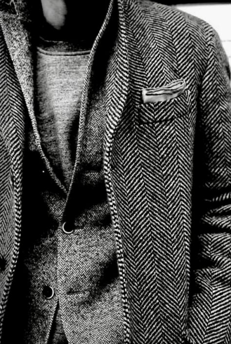 Grey Jacket Men Outfit, Men Esthetics, Herringbone Texture, Grey Shades, White Herringbone, Grey Jacket, Grey Herringbone, Dapper Gentleman, Herringbone Tweed