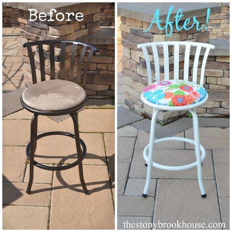 Barstool Makeover Before & After Reupholster Bar Stools, Barstool Makeover, Kitchen Island Furniture, Bar Stool Makeover, Stool Makeover, Reupholster Chair Dining, Sunroom Ideas, Reupholster Chair, Bar Cart Decor