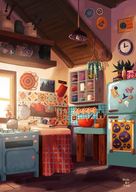 ArtStation - The Kitchen, Nathasha Padrón Kitchen Cartoon, Kitchen Background, Kitchen View, Kitchen Drawing, Aesthetic Kitchen, Isometric Art, Book Illustration Art, Interior Illustration, Kitchen Concepts