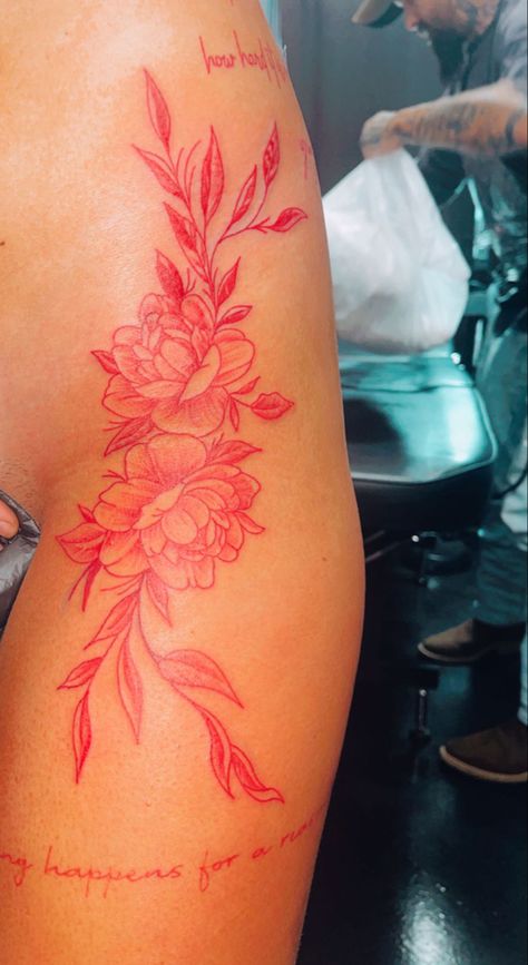 #redinktattoo #floraltattoo #womenstattoos #tattooideas #thightattooideas @lillyy14 give me credit ;) Flower Tattoo Around Thigh, Red Flower Hip Tattoo, Papyrus Flower Tattoo, Red Tattoo Ribcage, Red Flower Outline Tattoo, Red Marigold Tattoo, Red Flower Shoulder Tattoo, Red Ink Thigh Tattoo, Red Leaves Tattoo