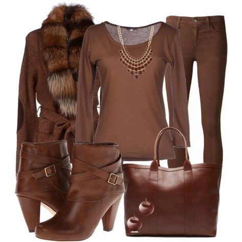 Brown, created by macymere on Polyvore Shirt Outfits Women, Dressy Clothes, Hippie Fashion, Fashion Capsule Wardrobe, Shirt Outfits, Brown Shirt, Grown Women, Brown Outfit, Fashion Capsule