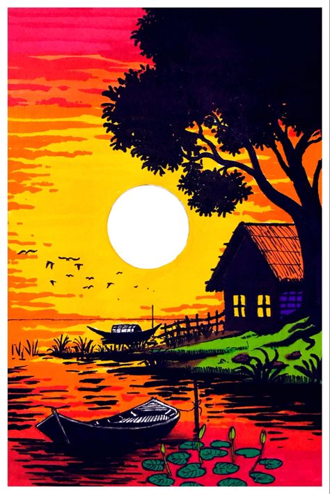 Brush Pen Scenery, Brush Pen Painting Ideas, Brush Pen Landscape, Paint Pen Art Ideas On Canvas, Brush Pen Art Ideas, Bangladesh Drawing, Brush Pen Art Drawing Easy, Bangladesh Painting, Simple Scenery Painting