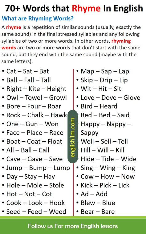 Rhyming Words | List of 70+ Words With Different Meanings Words that Rhyme in English! List of rhyming words. Learn 70 useful words that rhyme in English with example sentences and ESL printable infographics. A rhyme is a repetition of similar sounds (usually, exactly the same sound) in the final stressed syllables and any following syllables of two or more words. In other words, rhyming words are two or more words that don’t start with the same sound but end with the same sound Rhyming Words List, Poetry Examples, Class 1 English, Rhyming Words Worksheets, Rhyming Worksheet, English Rhymes, English Word Meaning, English Grammar Exercises, Words List