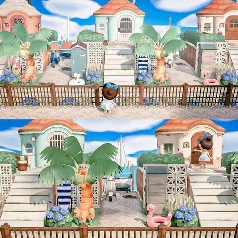 Animal Crossing Villager Beach House, Acnh Beach Resort Ideas, Acnh Tropicore Villagers, Acnh Costal City, Acnh Beach Theme, Acnh Coastal Ideas, Animal Crossing Coastal Theme, Coastal Animal Crossing Island, Animal Crossing Coastal Town