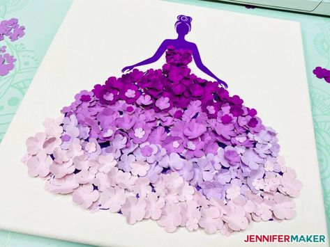 Easy Paper Flower Dress in purple vinyl and lavender paper flowers on a white canvas Paper Flower Dress, Paper Flower Canvas, Lavender Paper Flowers, Paper Dress Art, Paper Flowers Easy, Flower Dress Art, Paper Flower Wall Art, Silhouette Girl, Pretty Wall Art