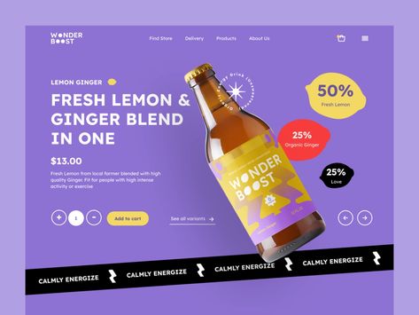 Wonder Boost - Landing Page by SlabPixel on Dribbble Landing Page Product Design, Microsite Design Inspiration, Drink Website Design, Drinks Promotion Design, Website Design Food Product, Fun Landing Page Design, Product Promotion Design, Juice Website Design, Drink Website