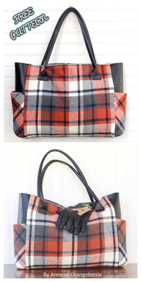 DIY Large Plaid Flannel Fall Tote Bag with Side Pocket Free Sewing Pattern Large Tote Bag Pattern, Sewing Pattern Bag, Sewing Tutorials Bags, Pretty Tote Bags, Fall Tote Bag, Tote Bag Pattern Free, Fall Tote, Sacs Tote Bags, Bag Sewing Pattern