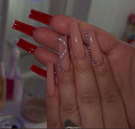 French Tip Nails Red Bottoms, Red Bottom Nails With Design, Red Bottom French Tip Acrylic Nails, Red Nail Ideas Coffin With Diamonds, Red Bottom Acrylic Nails Square, Long Acrylic Nails Red Bottoms, Baddie Nails Acrylic Designs Red, Black And Silver Red Bottom Nails, Red Nails Acrylic Coffin With Diamonds