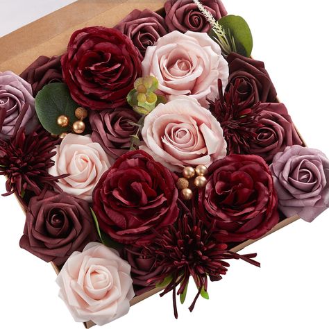 PRICES MAY VARY. For a classic, elegant look, this burgundy flower combo is the obvious choice. It’s large wine rend and pink silk roes set romantic and love tone, the special scattered chrysanthemums and leaves add vivaciousness. It will be a perfect bouquet in your sweet and unforgettable wedding. Wedding flower package details: Red brush rose x4, avalanche rose pink x2, scattered chrysanthemums x3, Pink foam rose x2, Dark Burgundy foam rose x4, Burgundy foam rose x4, Dusty purple rose x2, Gol White Flower Centerpieces, Table Centerpiece Flower, Burgundy And Blush Wedding, Pink Centerpieces, Wedding Flower Packages, Red And Pink Roses, Diy Roses, Foam Roses, Roses Pink