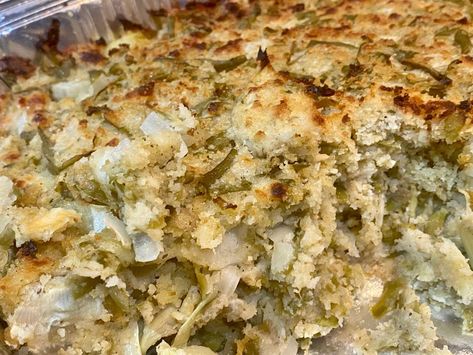 A Very New Orleans Holiday Side Dish:: Stuffed Artichoke Casserole Canned Artichoke Recipes Side Dishes, Green Bean Artichoke Casserole, Meatballs And Spaghetti, Artichoke Casserole, Italian Green Beans, Veggie Casserole, Stuffing Casserole, Artichoke Recipes, Louisiana Recipes