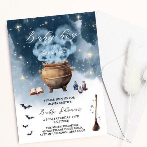 $2.95 | Magic Witch Caldron Baby Boy Brewing Baby Shower #invite, spooky, halloween, smoke, witch, caldron, a baby is brewing, magic, baby shower, boy Baby Brewing Gender Reveal, Witch Or Wizard Gender Reveal, Witch Caldron, Witches Caldron, Halloween Baby Shower Invitations, Halloween Baby Shower Ideas, Baby Shower And Gender Reveal, Unique Gender Reveal, Sports Halloween