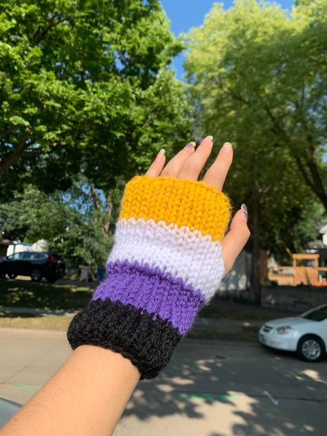 Knit Hand Warmers, Animal Crossing Leaf, Nonbinary Flag, Knit Fingerless Gloves, Knit Gloves, Fingerless Gloves Knitted, V Stitch, Pride Flag, Knitted Gloves