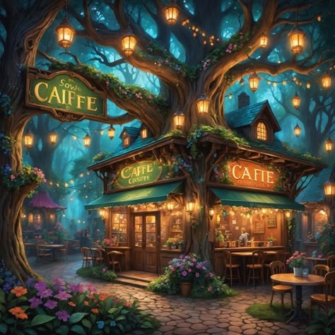 Fantasy Cafe Concept Art, Fairy Coffee Shop, Fantasy Shop Concept Art, Story Map Ideas, Fantasy Coffee Shop, Fantasy Bakery, Magic Tavern, Fantasy Cafe, Fantasy Village