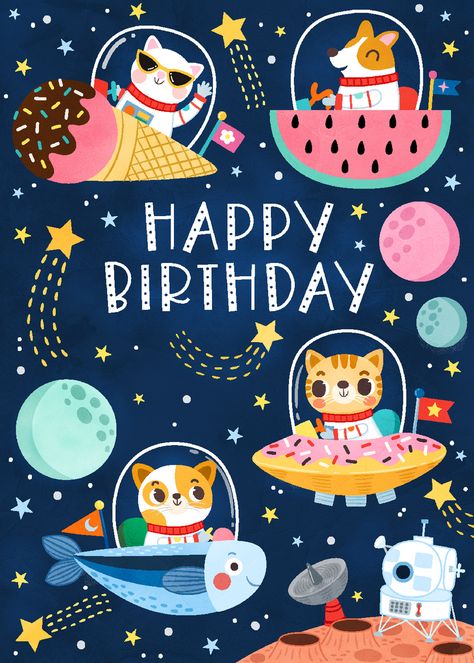 Liv Wan | Advocate Art Free Association, Happy Birthday Illustration, Happy Birthday Kids, Creative Wrapping, Space Animals, Celebrate Birthday, Birthday Illustration, Space Illustration, Birthday Card Design