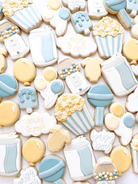 Popcorn Theme, Kids Cookies, Pop Baby Showers, Sugar Cookie Designs, Decorated Sugar Cookies, Cookies For Kids, Ready To Pop, Baby Shower Cookies, Event Ideas