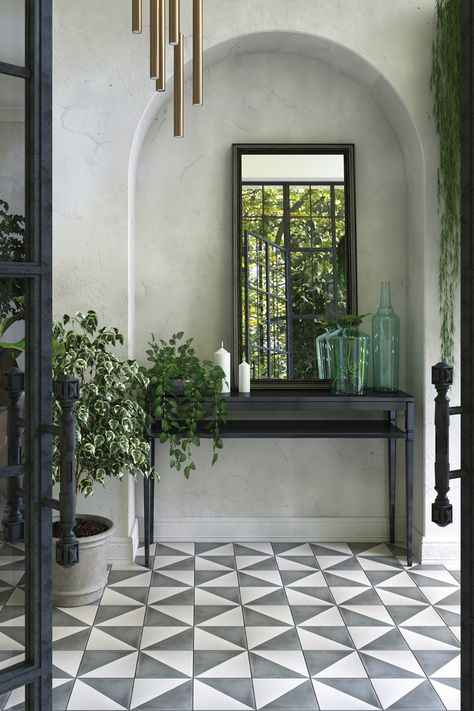 White herringbone tile floor