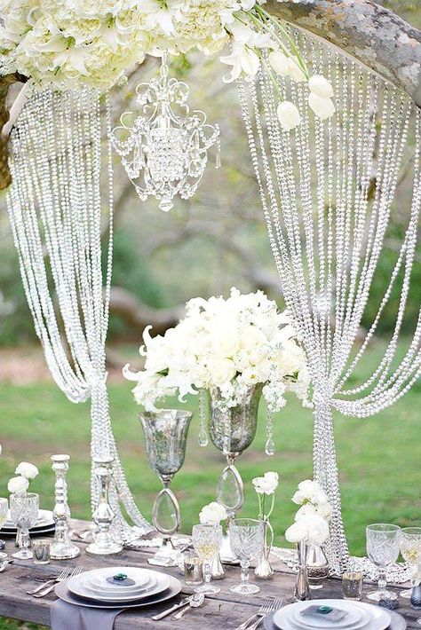 30 Silver Wedding Decor Ideas ❤ silver wedding decor ideas white roses in tall vases crystals décor above the table Lavender & Twine #weddingforward #wedding #bride #weddingdecor #silverweddingdecorideas Crystal Curtains, Photos Booth, Beaded Curtains, Glamorous Wedding, Silver Wedding, Pom Poms, Romantic Wedding, The Table, Gatsby