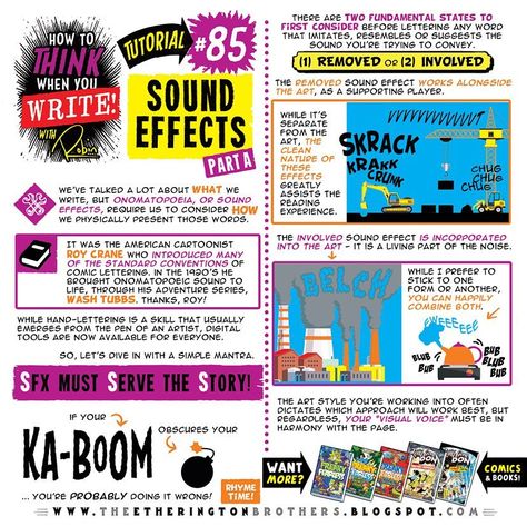 Here's my how to think when you WRITE SOUND EFFECTS tutorial part ONE for DAY 12 of #LEARNUARY! - Robin Hundreds of WRITING and DRAWING… Comic Sound Effects, Sketching Tips, Comic Tutorial, How To Think, Comic Layout, Writing Dialogue, Background Drawing, Writing Resources, Writing Advice